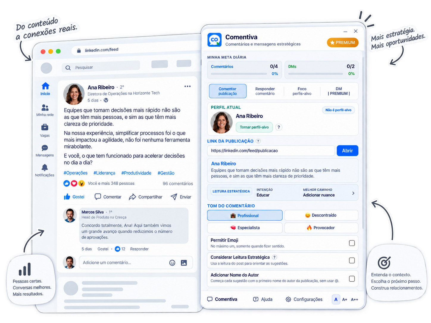 Interface do Comentiva ao lado de uma conversa profissional, mostrando perfil, contexto da publicação e recursos estratégicos de relacionamento.